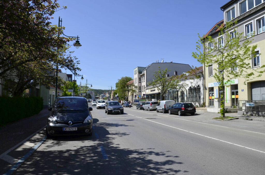 Wiener Straße in Mödling. 2 Fahrspuren + beidseitig parkende Autos. Viel Asphalt. Dennoch an beiden Seiten der Straße gibt es Bäume.