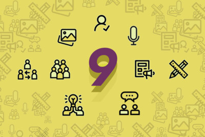 9 Icons im Kreis angeordnet auf gelbem Hintergrund