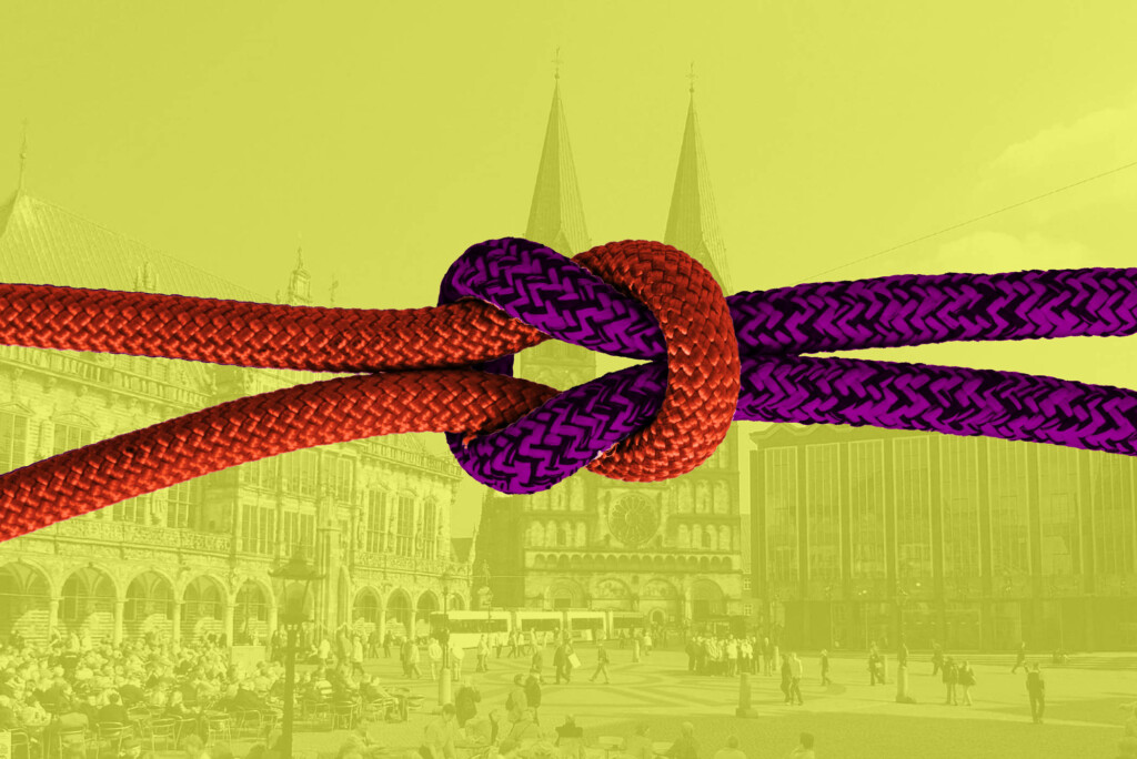 2 Seile unterschiedlicher Farbe zu einem Knoten verknüpft - gelbgrüner Hintergrund.