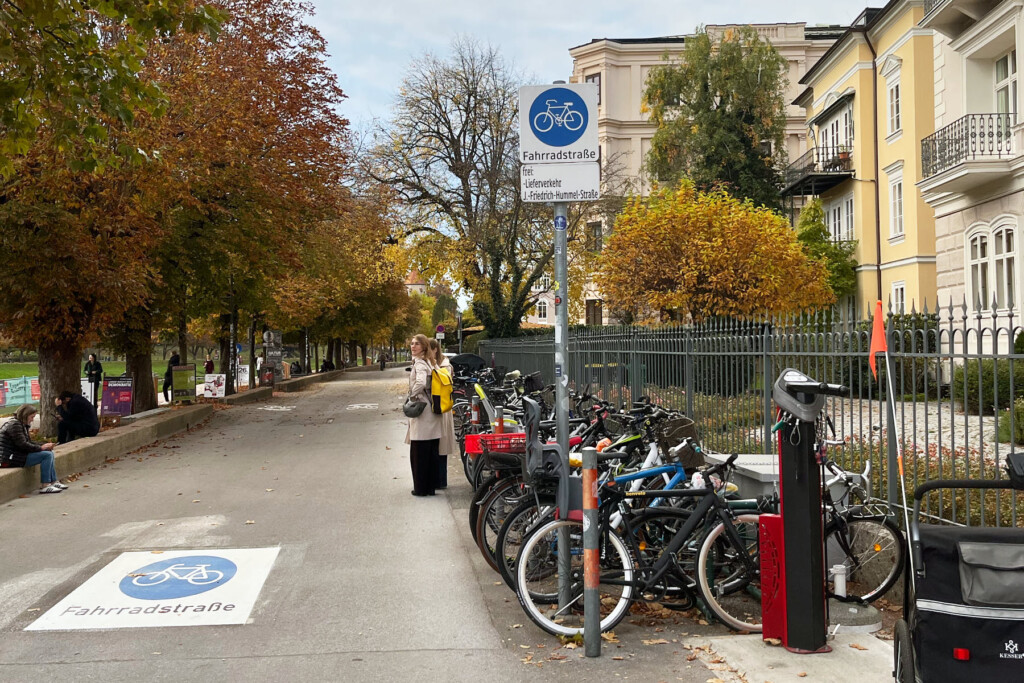 Altstadtbauten, Baumallee. Dazwischen eine Fahrradstraße (Verkehrsschild), rechts flankiert von einer großen Radabstellanlage mit einer Radservicestelle