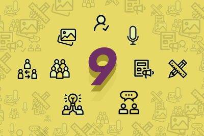 9 Icons im Kreis angeordnet auf gelbem Hintergrund