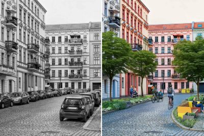 Splitbild: Straßenraum mit unterschiedlichen Teilbildern: Status Quo und Visualisierung von Veränderungen mit Bäumen und Grünflächen statt PKW-Stellplätzen