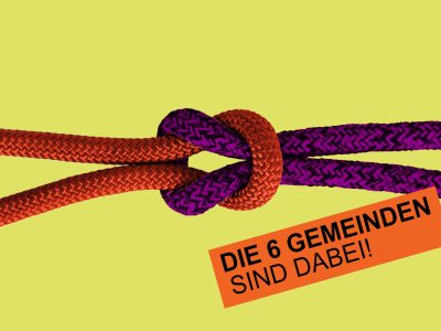 Zwei Seile unterschiedlicher Farbe (Orange und Violett)zu einem Knoten verknüpft - auf Grüngelb. Text. Die sechs Gemeinden sind dabei